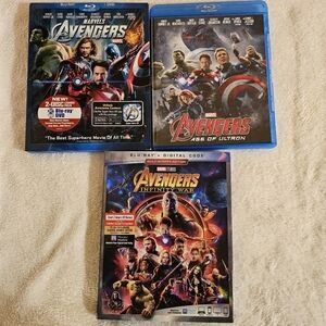 Avengers Blu-ray + DVD; Age of Ultron Blu-ray; Infinity War Blu-ray+ DVD